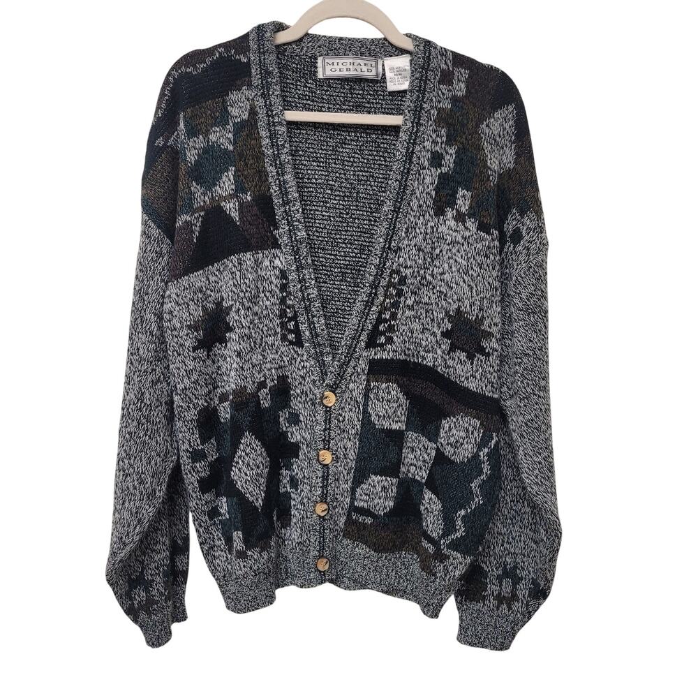 Michael Gerald Gray Black Geometric Cardigan Sweater Grandpa Core Vintage SZ MED